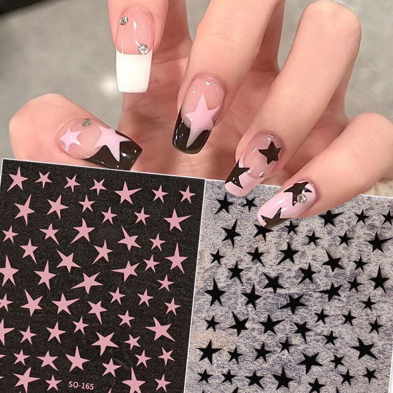 Internet Celebrity Explosive Leather Powder Star Nail Art Sticker y2k Black and White Five-pointed Star ins Sweet Cool Spice Girl Style Hollow Back Adhesive Sticker