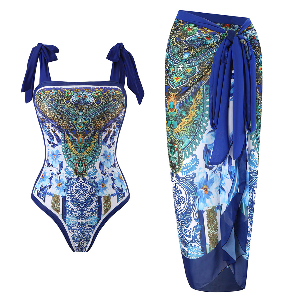Retro Badeanzug Mit Rock Und Hohem Kragen Damen Blumenmuster_voghion.com