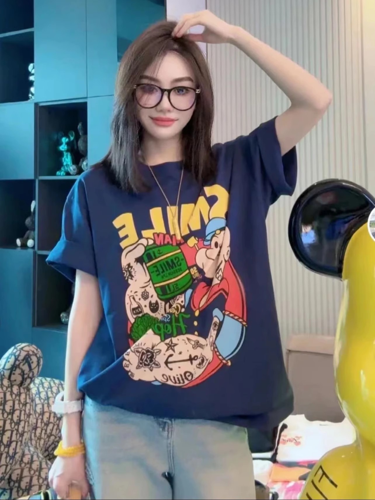 Trendy Popeye Printed Short-sleeved T-shirt Women's Pure Cotton Summer New Loose Fat mm200 Jin All-match Clothes