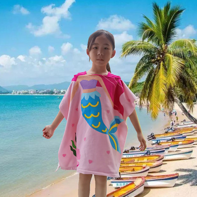 加扣儿童浴巾斗篷披风美人鱼冲浪速干游泳带帽可穿沙滩巾浴裙浴袍|ms