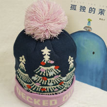 欧美跨境圣诞儿童提花针织帽节日礼品腈纶毛线帽带毛球可加led灯