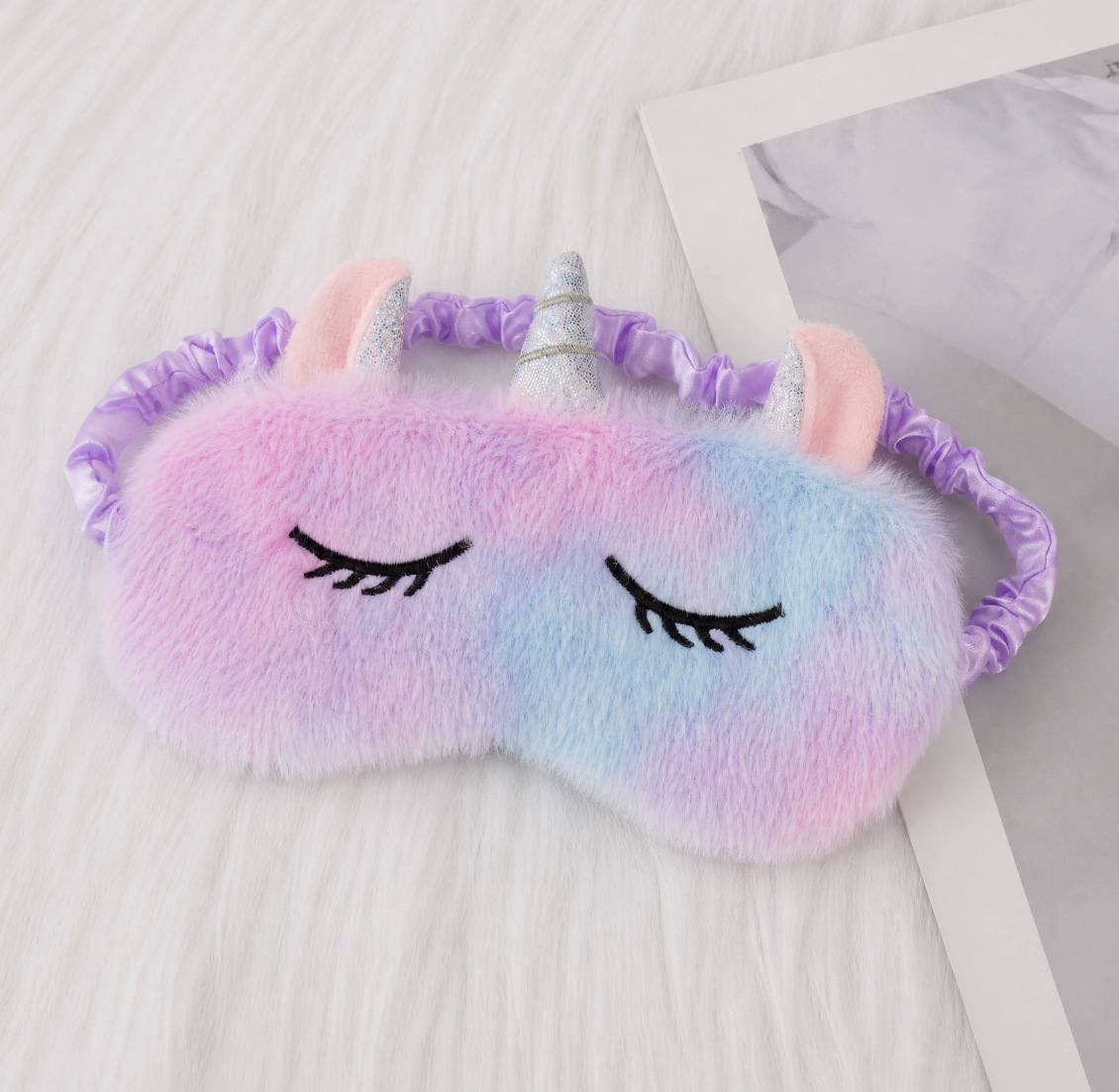 Máscara de ojo de unicornio colorido de felpa máscara de ojo de felpa de dibujos animados lindo sombreado máscara de ojo de sueño en stock al por mayor