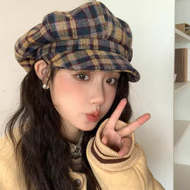 复古格纹云朵贝雷帽女秋冬休闲毛呢八角帽显脸小画家帽百搭报童帽