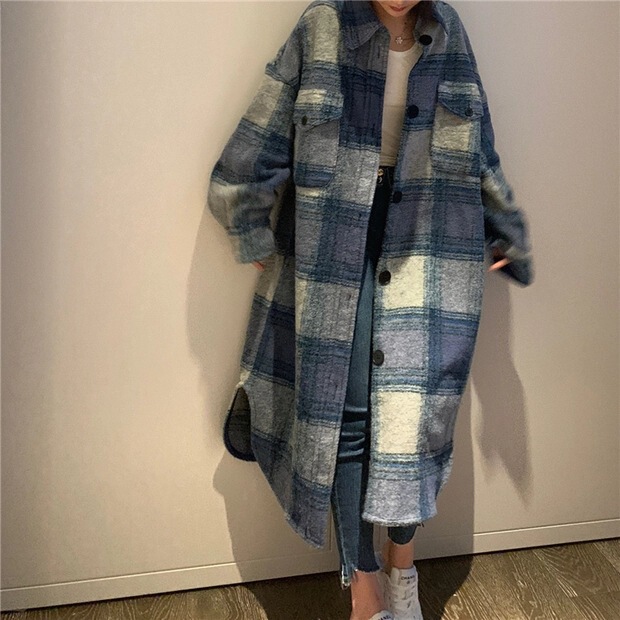 French Niche 21 Spring New Loose Double Pocket Plaid Wool Coat Silhouette Plaid Long Coat for Women