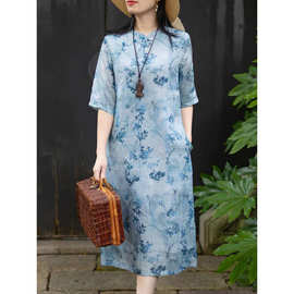 国风文艺复古印花改良旗袍裙女气质立领清雅a字新中式连衣裙子