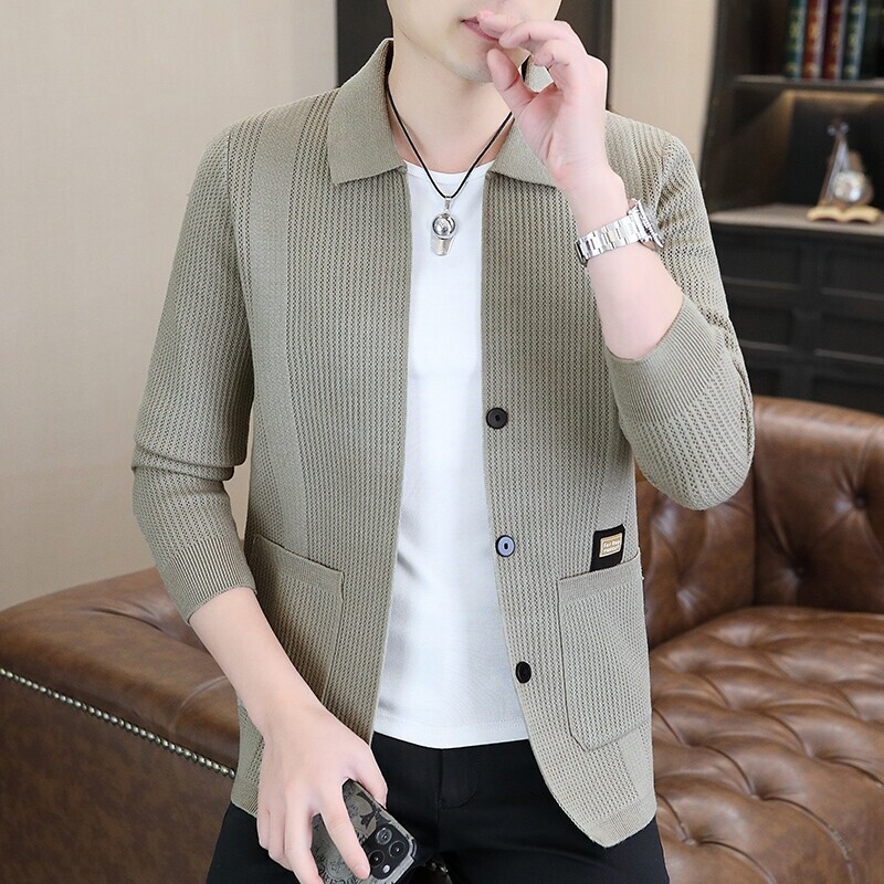 Spring and autumn new long sleeve cardigan sweater young men's lapel sweater fashion casual solid color jacket coat