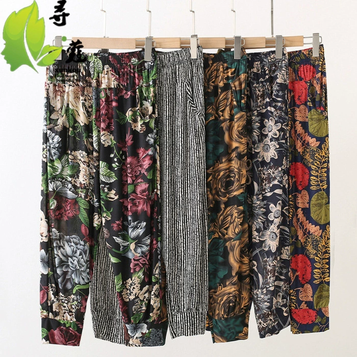 Мама одеваются фонарные брюки брюки среднего и пожилого возраста женские девятиукороченные брюки свободных больших размеров ледяной шелк женские брюки летние льготы