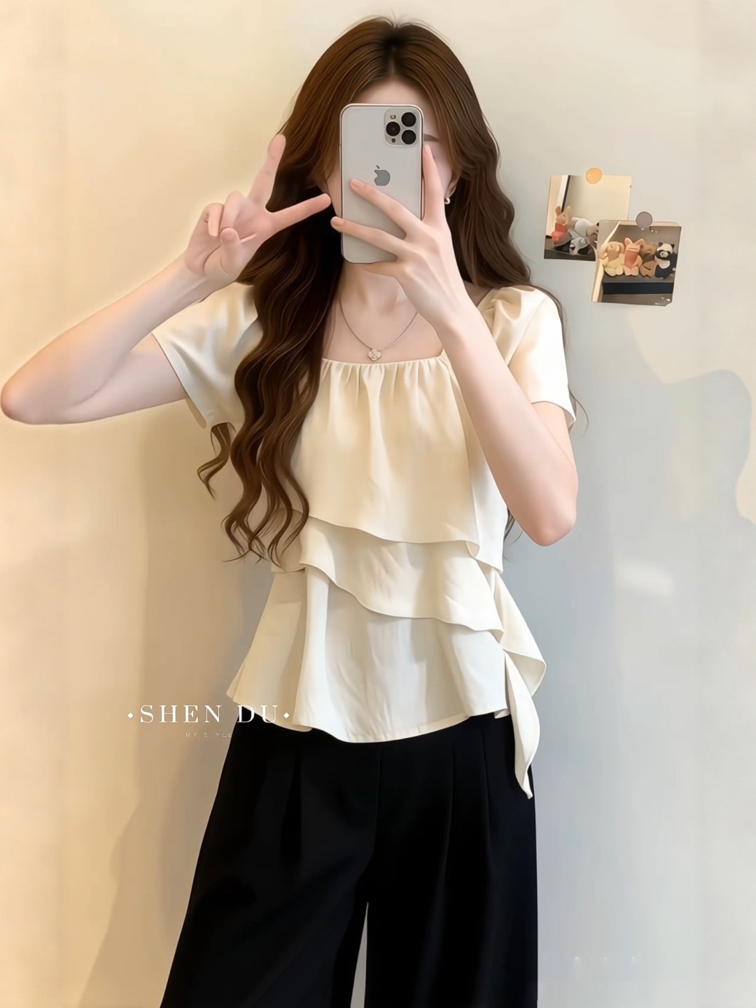 Áo sơ mi nữ cổ vuông tay ngắn, dáng rộng viền lá sen, phối dây rút — màu tím