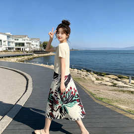 三宅风半身长裙褶皱2026新款裙子女夏季小个子百褶裙印花包臀裙