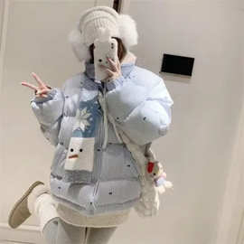 现货条纹蝴蝶结棉服外套女2024新款冬季棉衣面包服加厚保暖棉袄