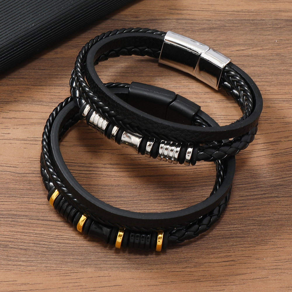 Alloy Pendant Material Classic Style Geometric Pu Leather Alloy Braid Men's Bracelets Men Cord & Leather Bracelets