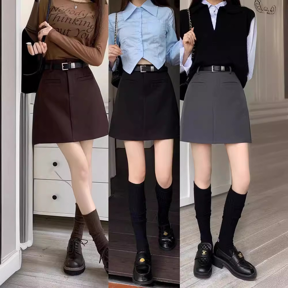 Hong Kong style nostalgic casual business skirt for women 2024 Summer high waist commuter slimming plus size small A- line short skirt