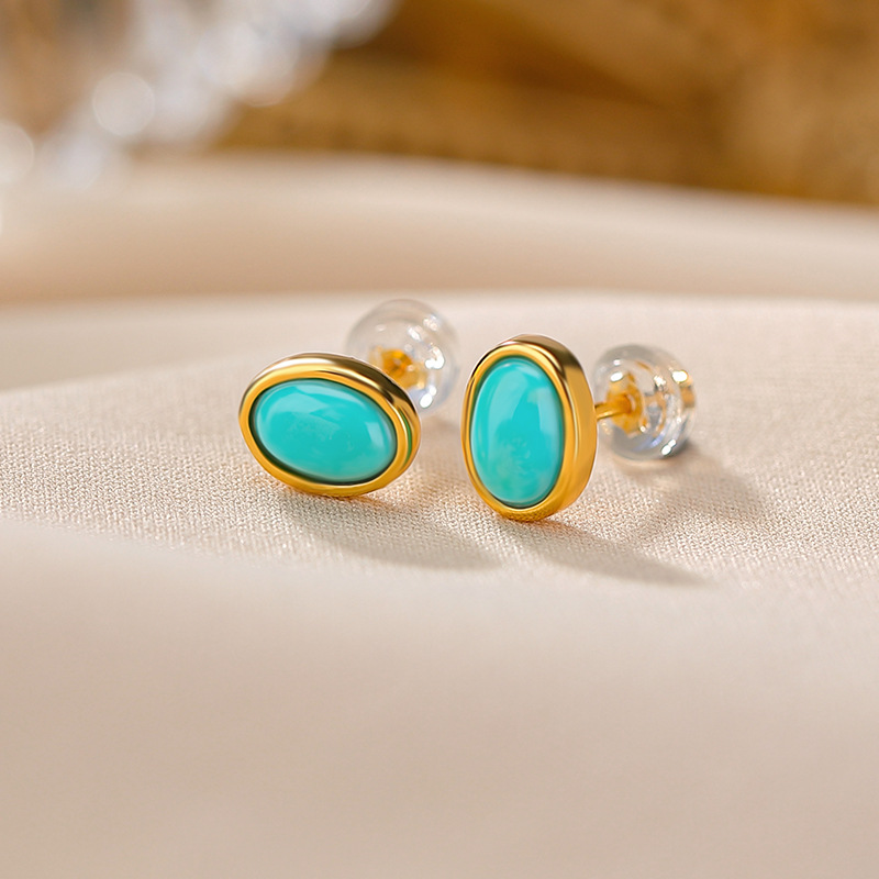Bông tai bạc S925 mạ vàng hình oval đính đá phong cách vintage — cặp