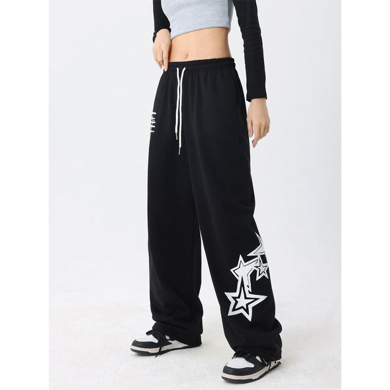 American-Style Printed Sports Pants for Women, New Spring and Autumn Drawstring Casual Dance Pants, Hip-Hop Jazz Dance Straight-Leg Pants for Women, Trendy