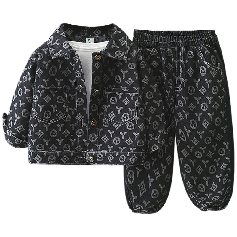 5984 Traje negro para niños 2024 Nuevo estilo de primavera y otoño para niños Ropa de mezclilla jacquard Traje de dos piezas de otoño fresco y atractivo
