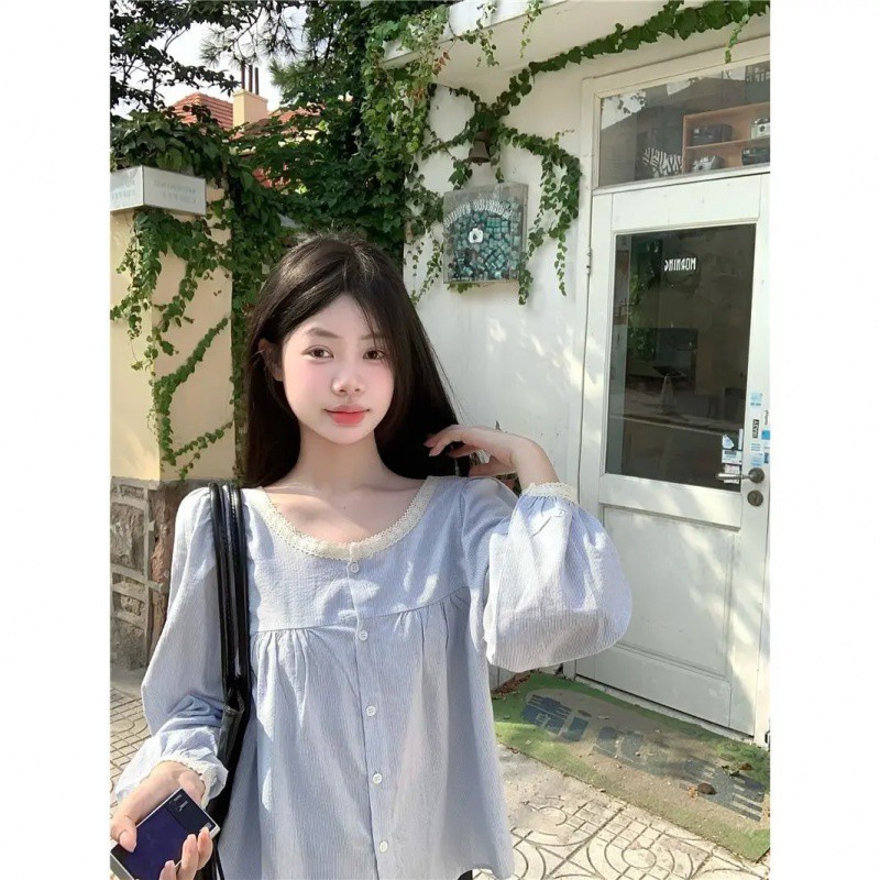秋季韩系2023新款减龄时尚宽松花边拼接小众设计感长袖衬衫上衣女