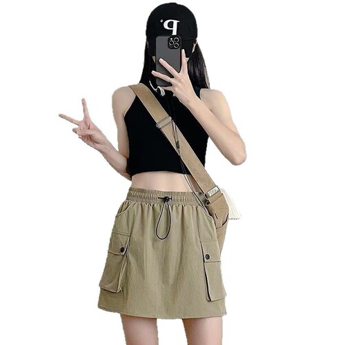 Khaki Workwear Skirt for Women - Summer Thin Model Slimming A-Line Skirt with 5-Foot American Sports Shorts Skirt for Petite Women