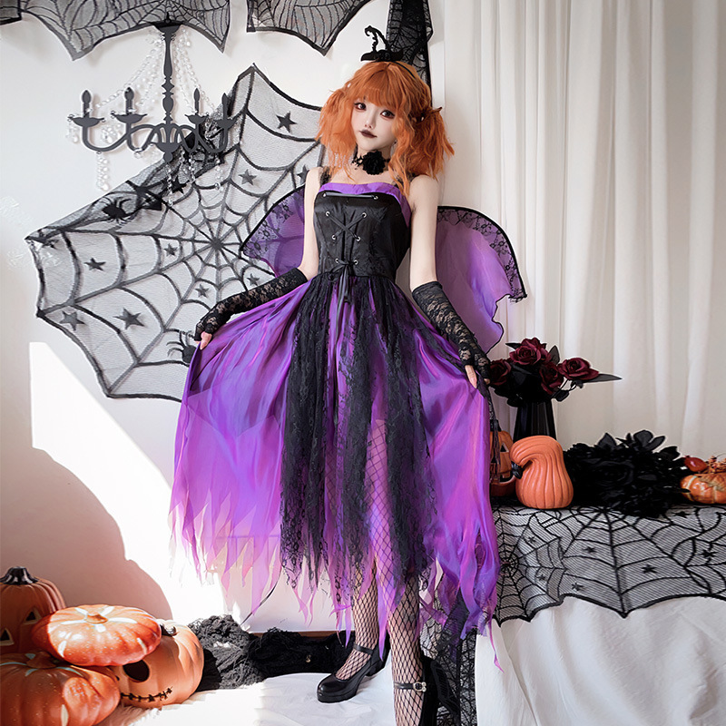 ハロウィーンの大人の服装の翼の暗黒天使cos鬼の花嫁の悪魔の女王は紫の魔女のワンピースを詰めます。|undefined