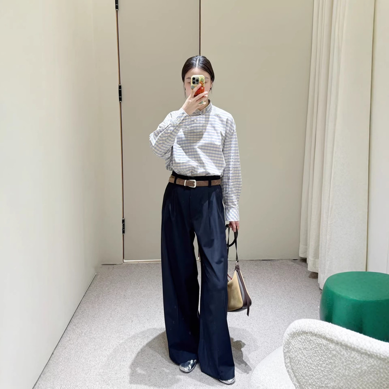 Ed2026 Spring New Style Gao Yuanyuan's Same Style Blue Plaid Shirt New Blue Plaid Long-Sleeved Shirt Top