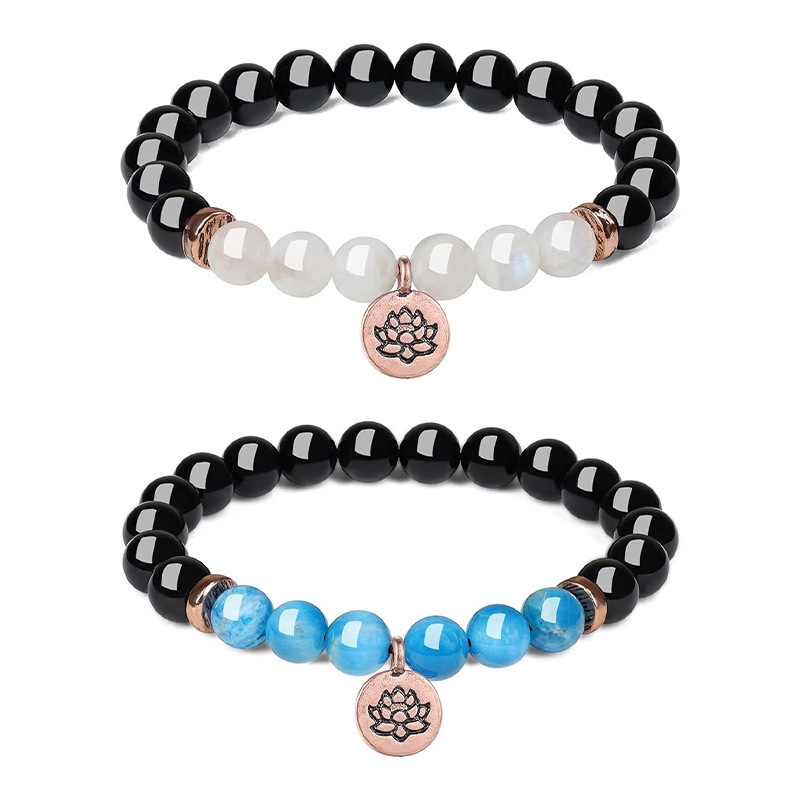 Cross-Border Women's Tiger Eye Stone Agate Lotus Beaded Bracelet Couple Style Good Luck Lotus Moonstone Pendant Bracelet