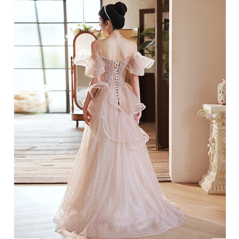 Vestido de noche Rosa 2024 verano y otoño Socialite elegante compromiso francés Mori Hada vestido de dama de honor vestido de noche fuera del hombro
