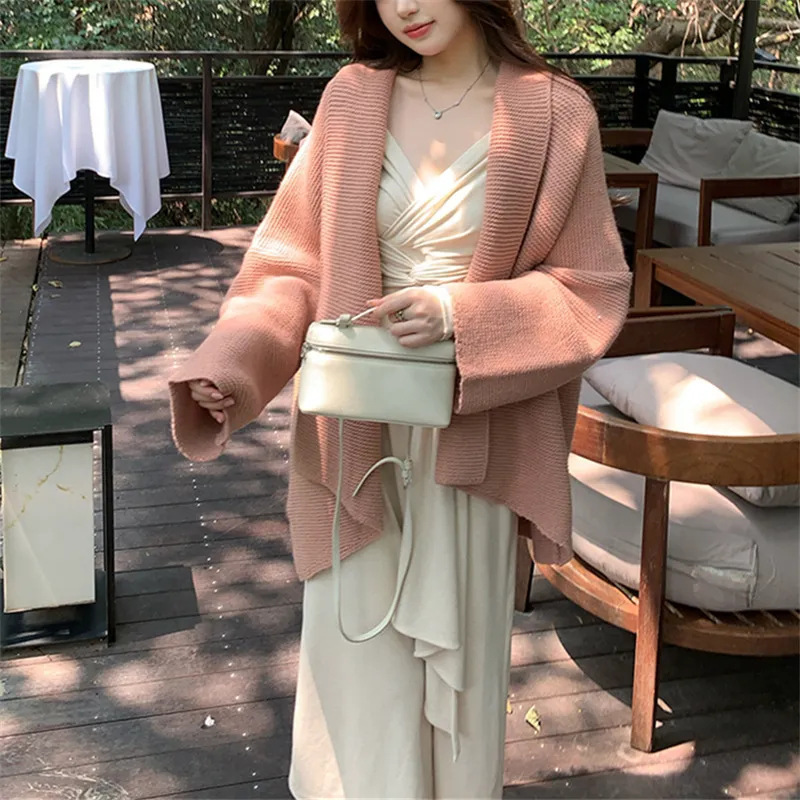 新款设计感咖色翻领落肩针织开衫宽松慵懒纯色外搭长袖毛衣外套女|undefined