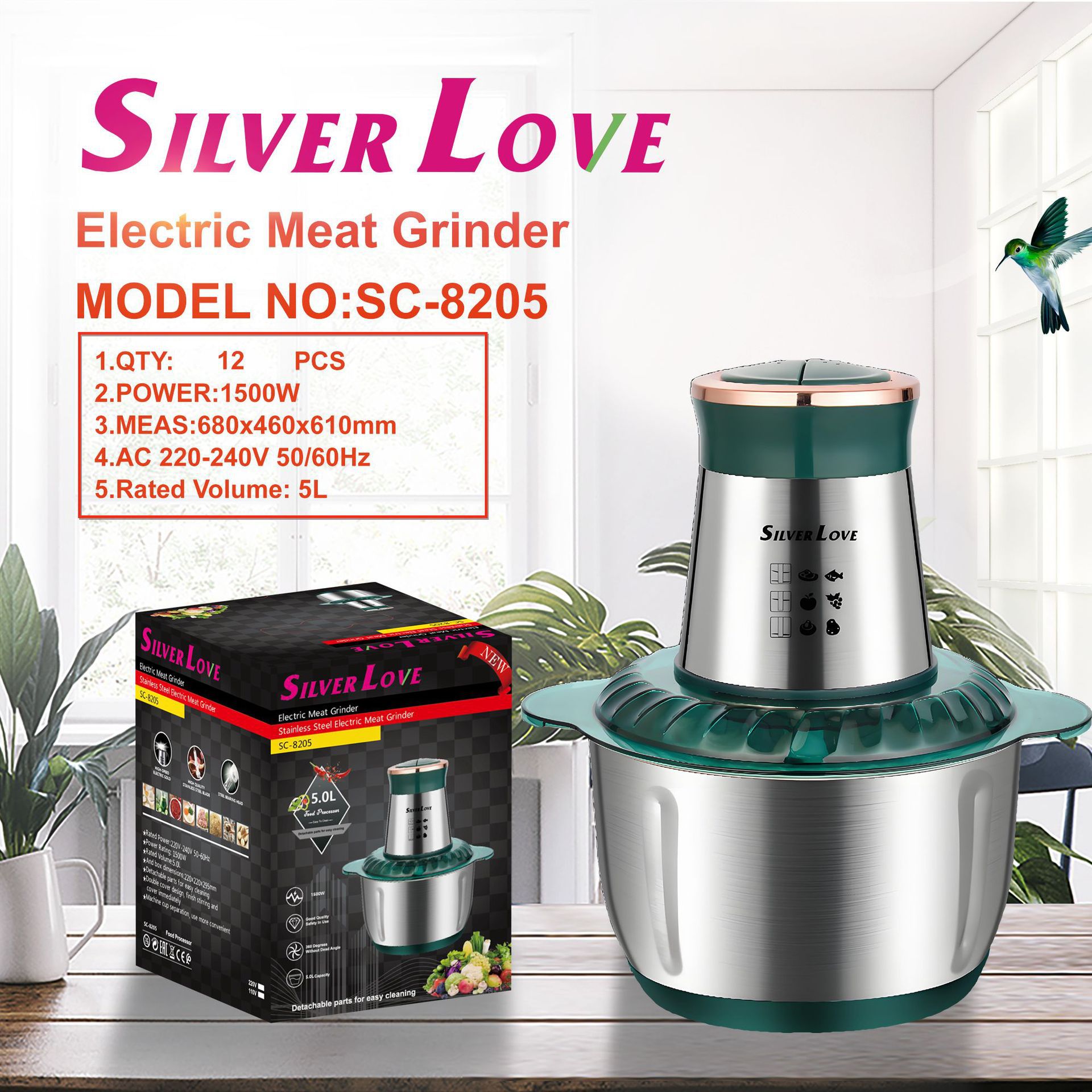 Exportación de comercio exterior 2L cocinadora doméstica 1500W multifunción eléctrica de acero inoxidable cocina picadora de carne