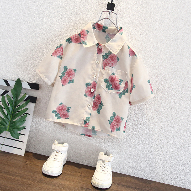 8027 Camisa de manga corta para niños 2025 verano nuevo estilo para niños Camisa de manga corta con estampado de rosas para niños