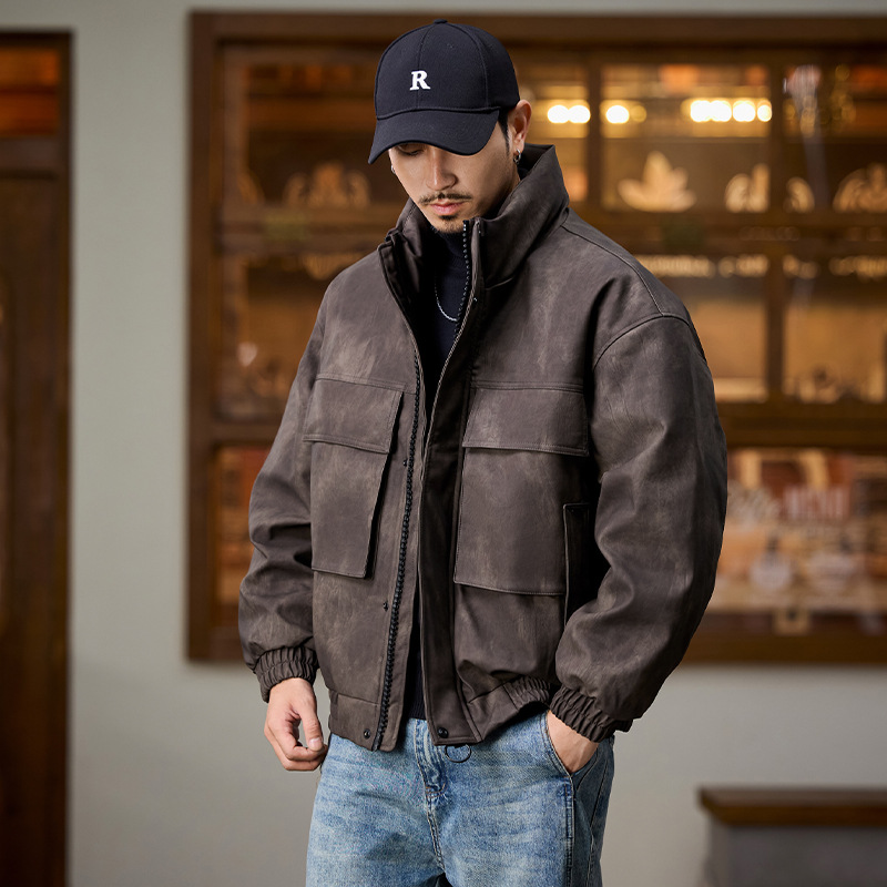 White Duck down 2025 Winter New Pu Leather Jacket Men's down Jacket American Workwear Large Pocket down Coat Trendy