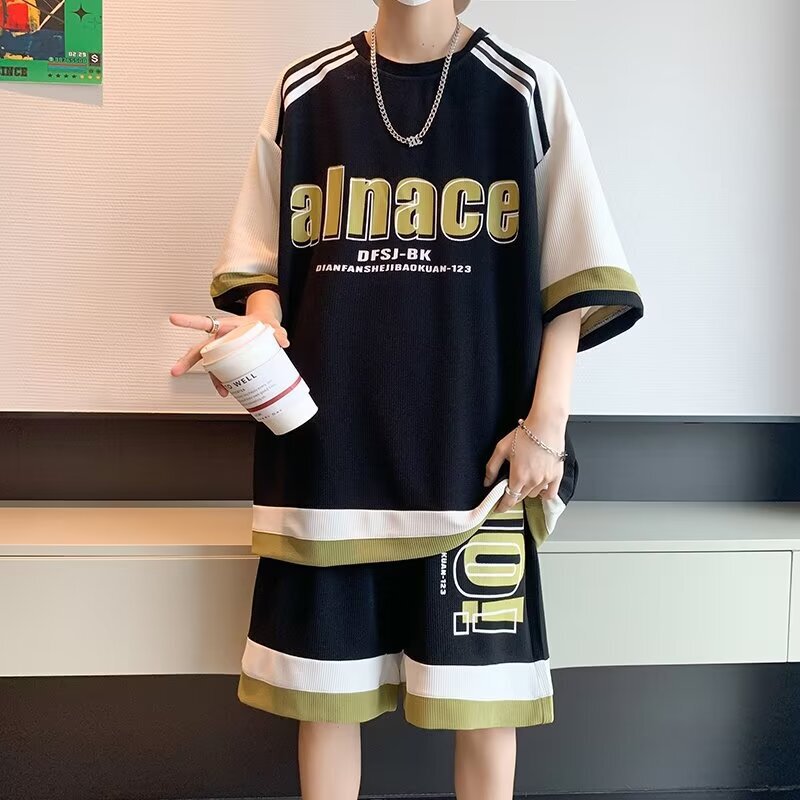 Letter Casual Sports Suit Men's Summer 2024 New Short-Sleeved Shorts Men's Set with Youth Clothes
