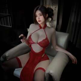 眉奈儿情趣内衣高开叉风情玫瑰挖空旗袍性感纯欲挂脖露胸免脱睡衣