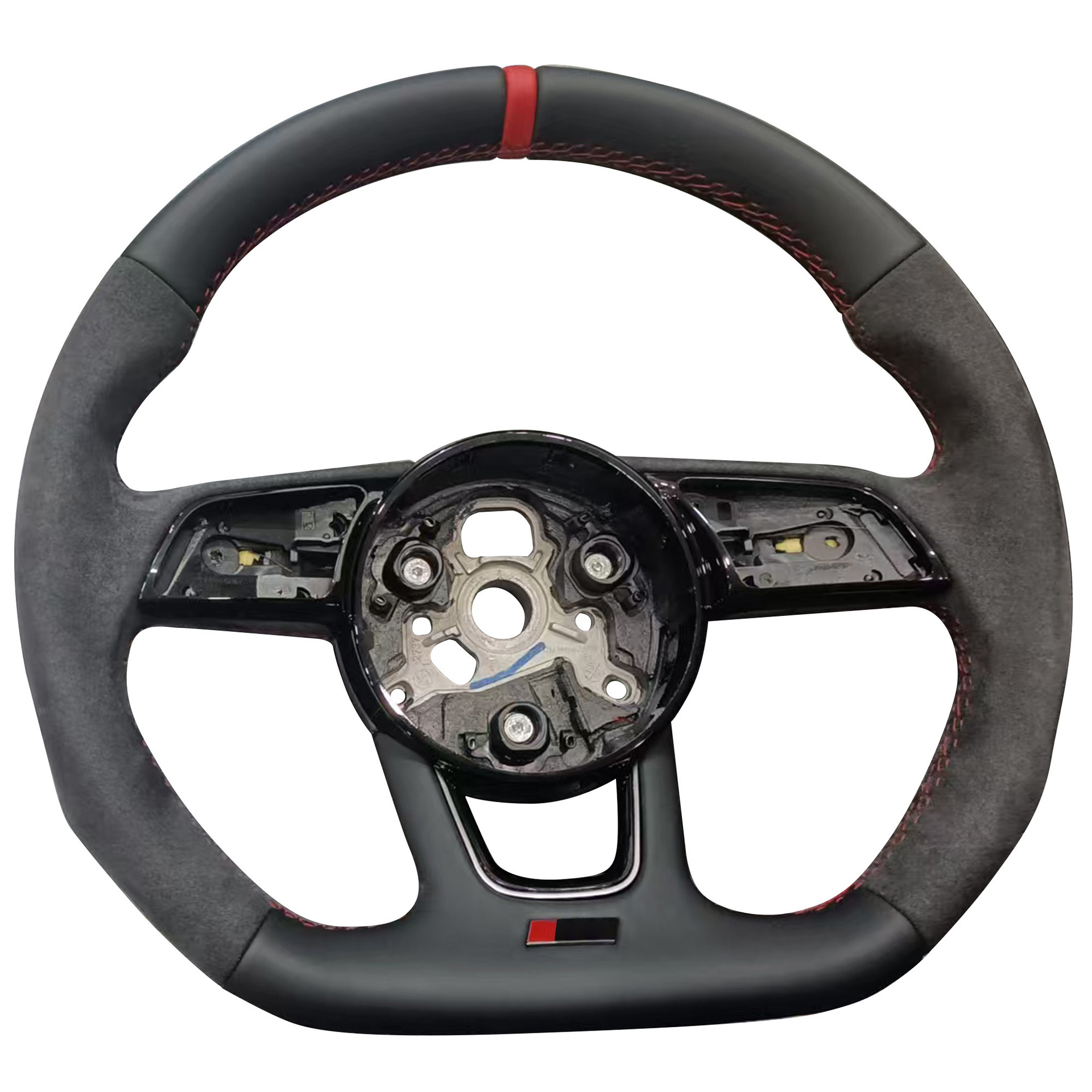 Suitable for Audi A4B9 RS model semi-suede steering wheel with red stitching, red return-to-center mark, no paddle shifters, with painted black frame
