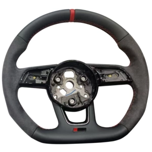 Suitable for Audi A4B9 RS model semi-suede steering wheel with red stitching, red return-to-center mark, no paddle shifters, with painted black frame