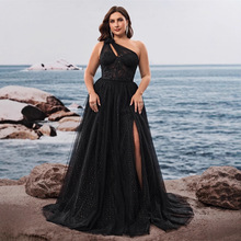 欧美大码装优雅斜肩气质酒会晚宴礼服奢华开叉伴娘毕业礼服妈妈装