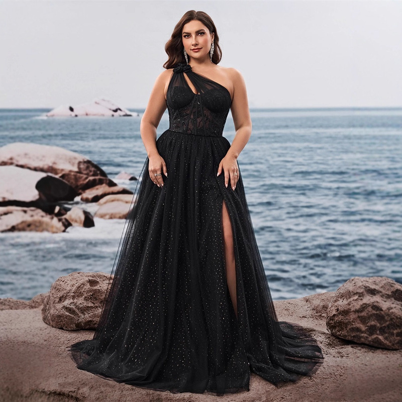 European and American Plus Size Elegant Slanted Shoulder Elegant Cocktail Party Dinner Dress Luxury Slit Bridesmaid Graduation Dress Mother's Dress