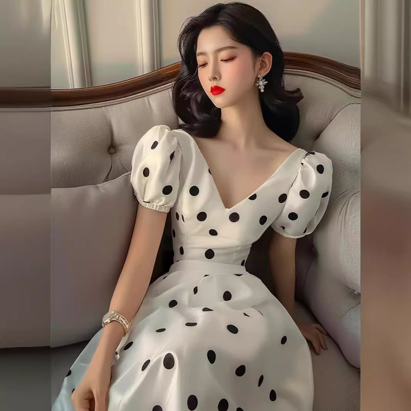 FL240510 French Style Exquisite White Dot Bubble Sleeve Satin dress Women's Summer Niche Elegant Beautiful Skirt