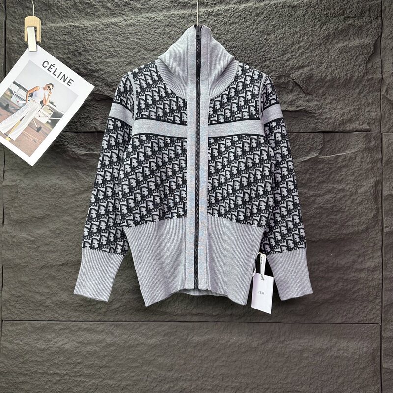 European Cross-Border Exclusive High-Version Classic D Letter Full-Print Jacquard Reversible Lapel Knit Cardigan for Men and Women
