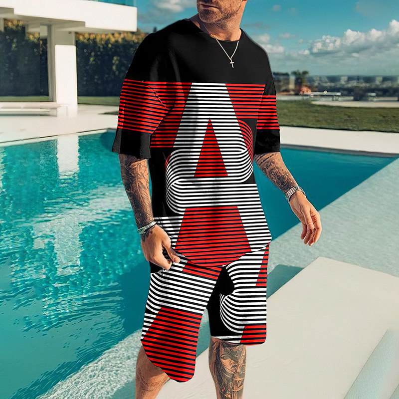 Comercio exterior transfronterizo verano nuevos hombres de manga corta impresa en 3D + traje de pantalones cortos verano deportes y ocio traje de dos piezas