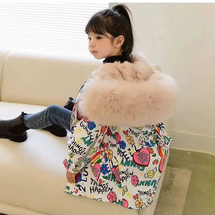 可拆卸冬季新款儿童派克服中长款真毛保暖皮草外套棉衣