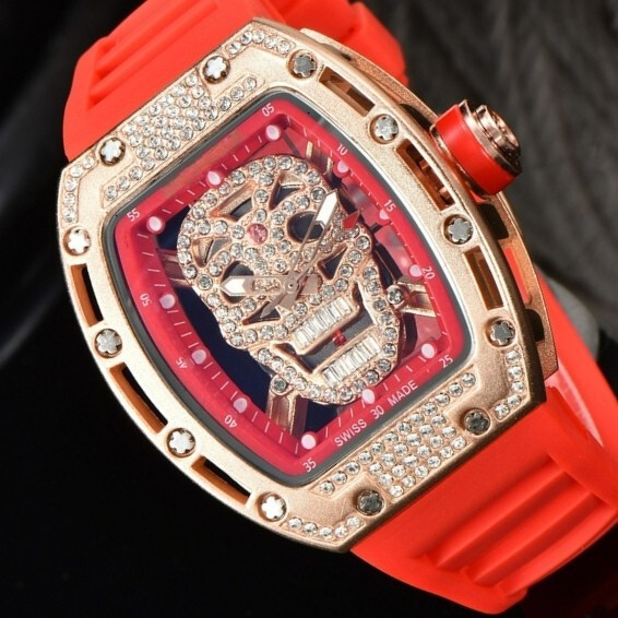 New Hot-Selling Richard's Same Style Diamond-Encrusted Skull Men's Fashionable Barrel-Shaped Hollow Silicone Trendy Watch