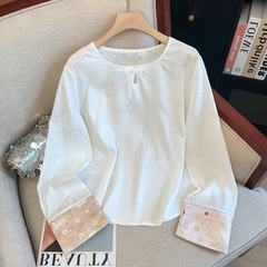真丝国风上衣长袖女装秋季新款桑蚕丝小衫改良新中式提花盘扣衬衫