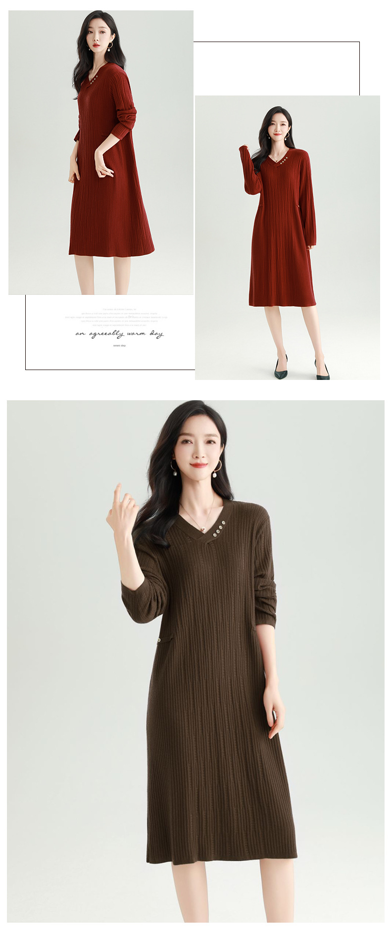 GraceChic 2025 Autunno Nuovo Scollo a V Lavorato a Maglia Taglie Forti Moda Donna Snellente Casuale Tinta Unita Abito Lungo_voghion.com