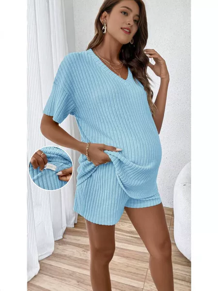 26-Year-Old Amazon Maternity Knit Two-Piece Set with Knitted V-Neck Short-Sleeve Top and Adjustable Waist Shorts