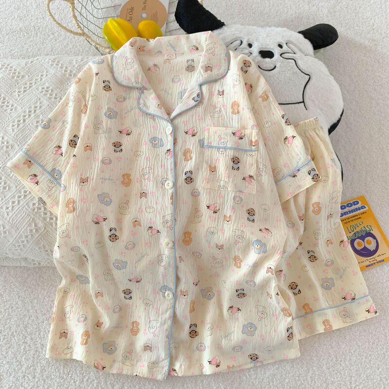 Japanese Style Cute Cartoon Puppy Pajamas Women's Short-sleeved Summer Thin Two-piece Cloud Cotton Student Girl Korean Style Japanese Style Cute Cartoon Puppy Pajamas Women's Short-sleeved Summer Thin Two-piece Cloud Cotton Student Girl Korean Style