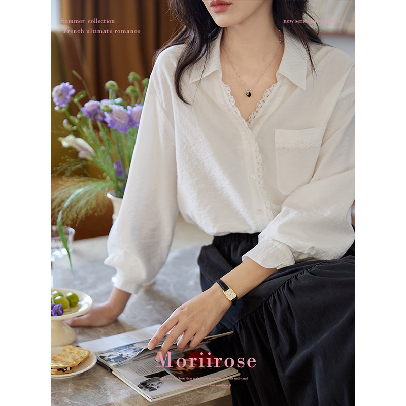 Moriirose White Collared Lace Tencel Long Sleeve Shirt for Women, Autumn French Retro Commuting Elegant Top