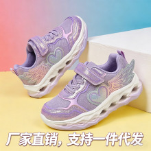 新款无感易穿脱魔术带童鞋 2026春秋中小童网面女童运动鞋LED灯鞋