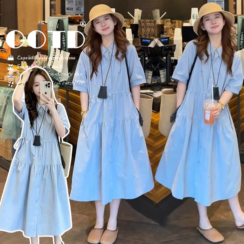 Summer New Style French Puff-Sleeve Loose Shirt Dress with a Stylish Design, Mid-Length Drawstring Maternity Dress in Blue