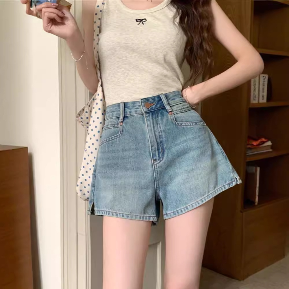 in stock Vintage Denim Shorts Women's Summer Hot Pants Thin Covering All-match Slimming Split A- shaped Wide-leg Pants