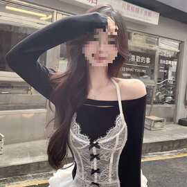南理香娇欲芭蕾 一字肩蕾丝辣妹恤女初秋长袖显瘦束腰打底上衣