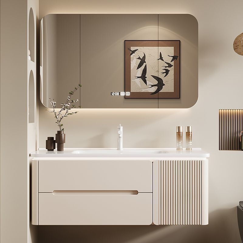 Cream-style smart solid wood bathroom cabinet with integrated ceramic basin, complete bathroom set with installation included Cream-style smart solid wood bathroom cabinet with integrated ceramic basin, complete bathroom set with installation included